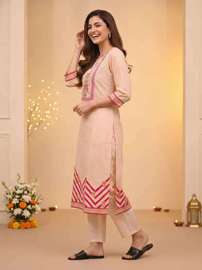 Peach Ethnic Floral Print Cotton Straight Kurta Set with Cutdana Embroidery, Pant & Printed Dupatta