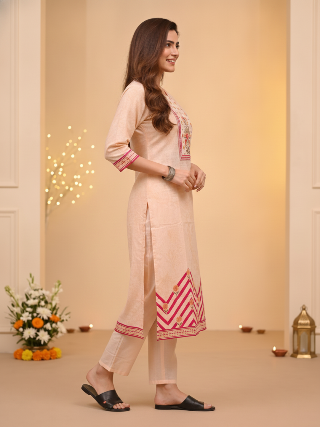 Peach Ethnic Floral Print Cotton Straight Kurta Set with Cutdana Embroidery, Pant & Printed Dupatta