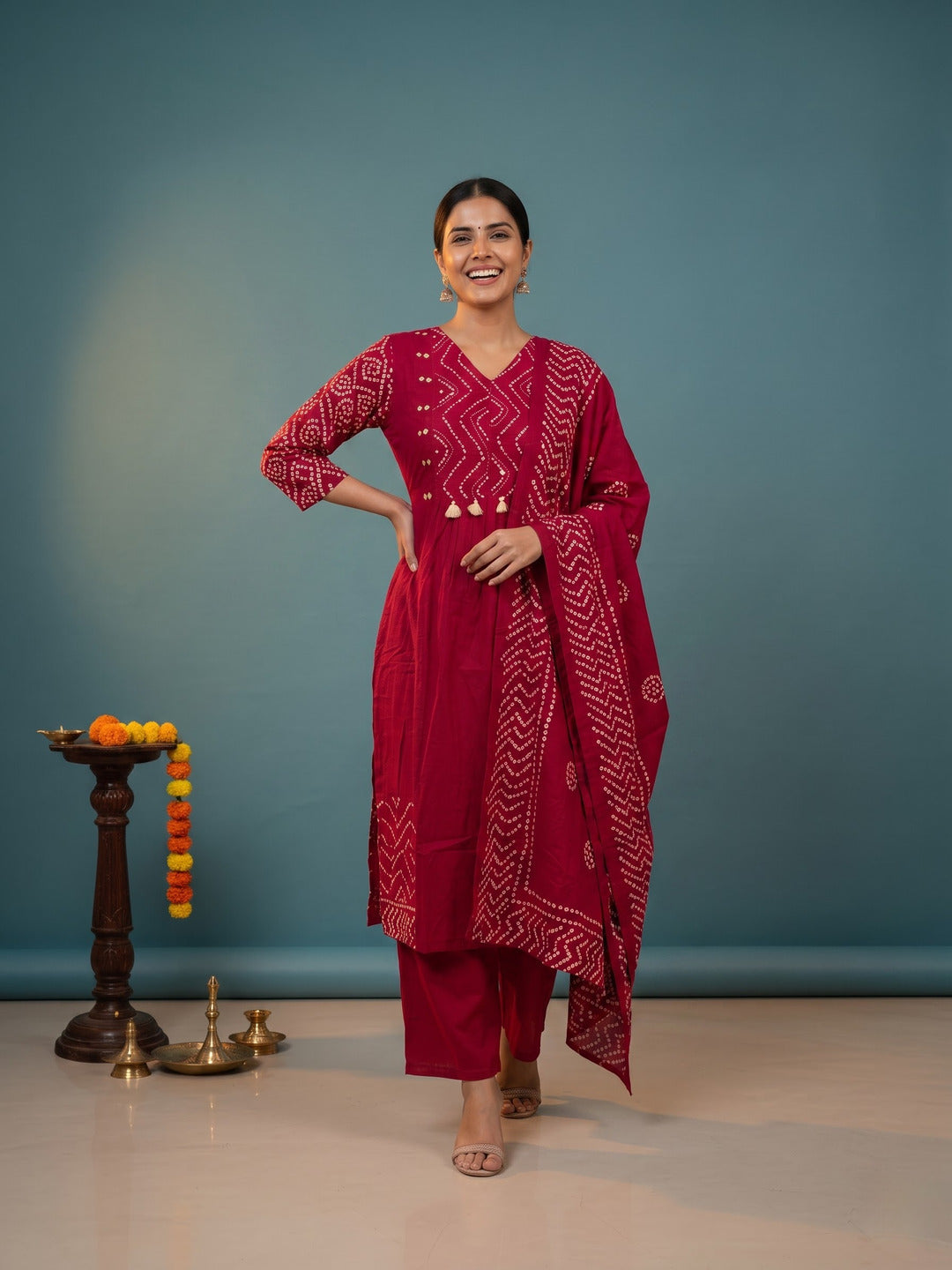 Magenta Bandhani Print Cotton A-Line Kurta Set with Mirror Work, Palazzo & Printed Dupatta