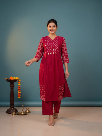 Magenta Bandhani Print Cotton A-Line Kurta Set with Mirror Work, Palazzo & Printed Dupatta