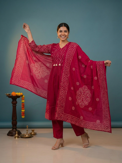 Magenta Bandhani Print Cotton A-Line Kurta Set with Mirror Work, Palazzo & Printed Dupatta