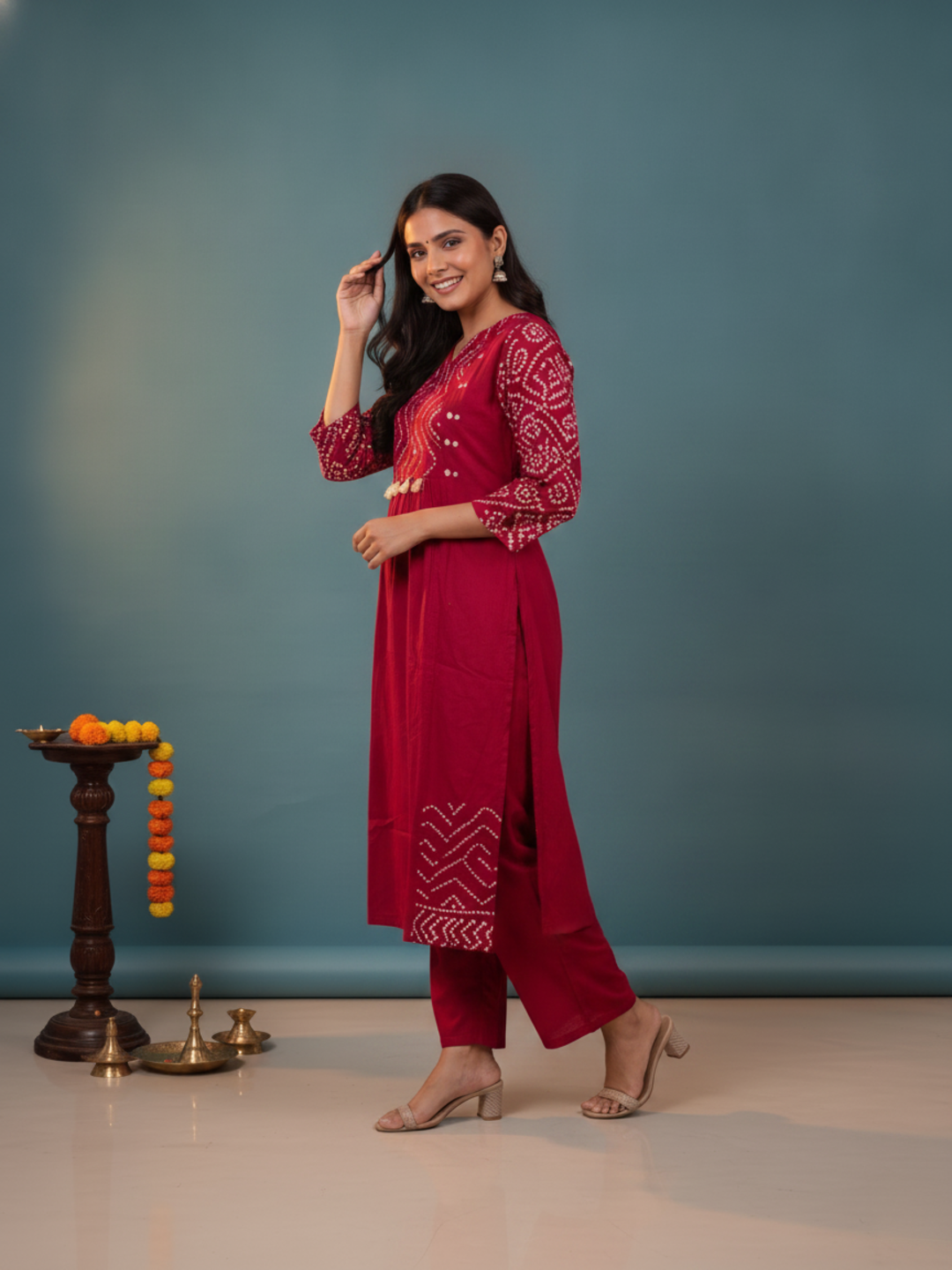 Magenta Bandhani Print Cotton A-Line Kurta Set with Mirror Work, Palazzo & Printed Dupatta