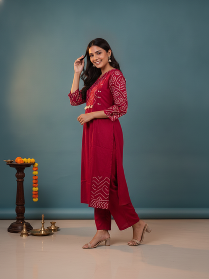 Magenta Bandhani Print Cotton A-Line Kurta Set with Mirror Work, Palazzo & Printed Dupatta