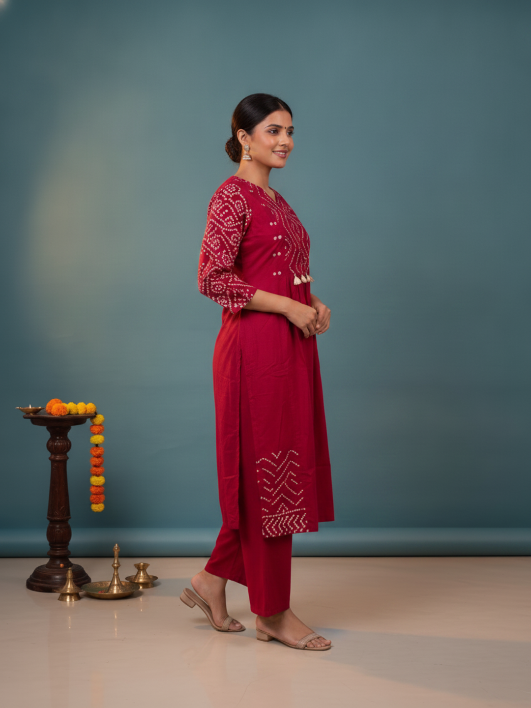 Magenta Bandhani Print Cotton A-Line Kurta Set with Mirror Work, Palazzo & Printed Dupatta