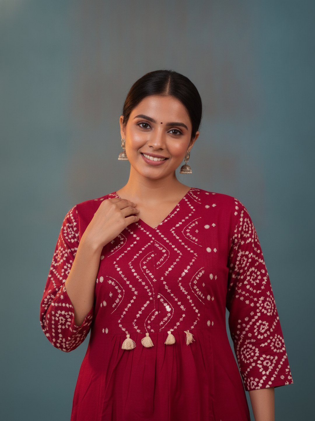 Magenta Bandhani Print Cotton A-Line Kurta Set with Mirror Work, Palazzo & Printed Dupatta