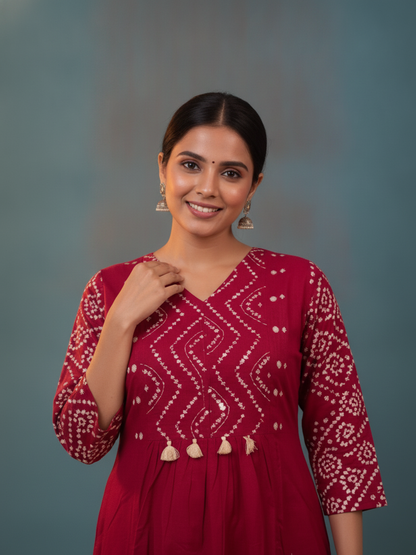 Magenta Bandhani Print Cotton A-Line Kurta Set with Mirror Work, Palazzo & Printed Dupatta