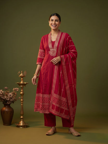 Red Ethnic Print Cotton A-Line Kurta Set with V-Neck, Solid Palazzo & Printed Dupatta