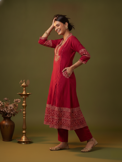 Red Ethnic Print Cotton A-Line Kurta Set with V-Neck, Solid Palazzo & Printed Dupatta