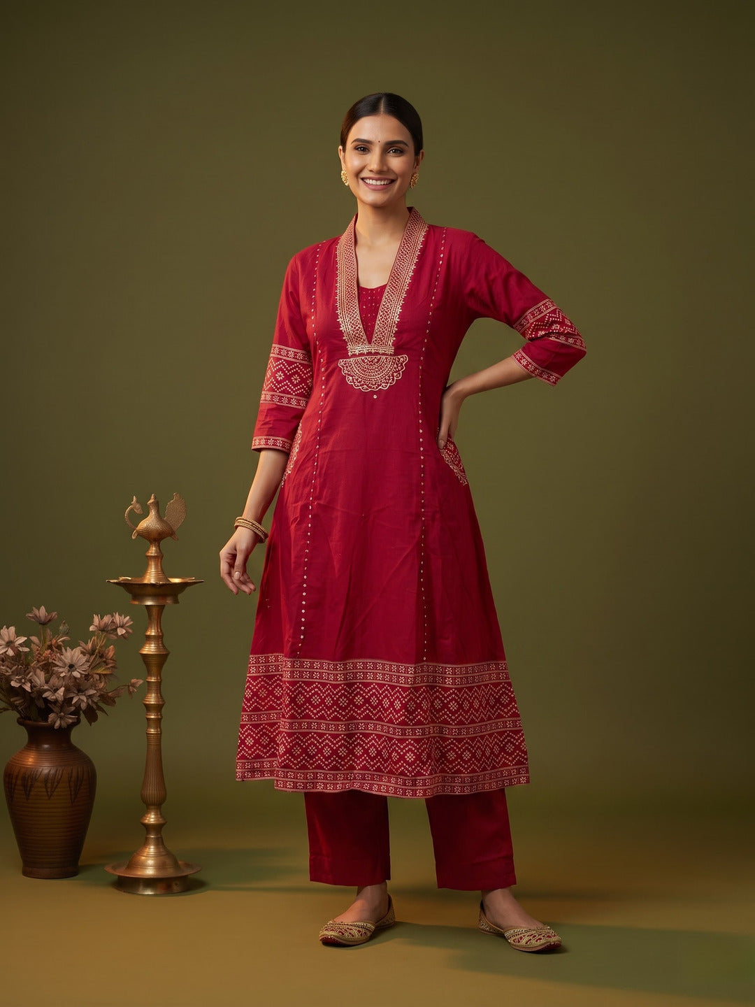 Red Ethnic Print Cotton A-Line Kurta Set with V-Neck, Solid Palazzo & Printed Dupatta