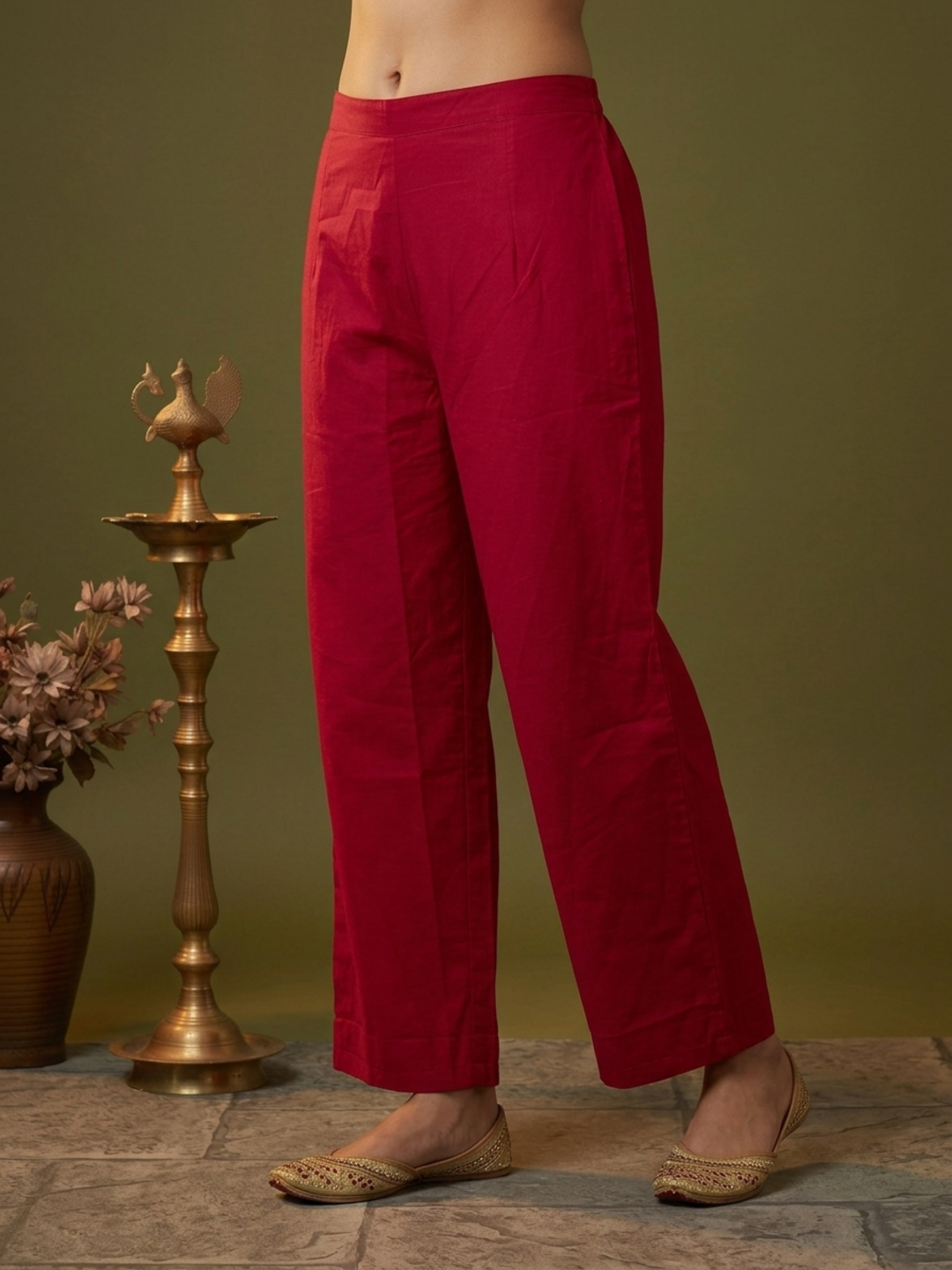 Red Ethnic Print Cotton A-Line Kurta Set with V-Neck, Solid Palazzo & Printed Dupatta