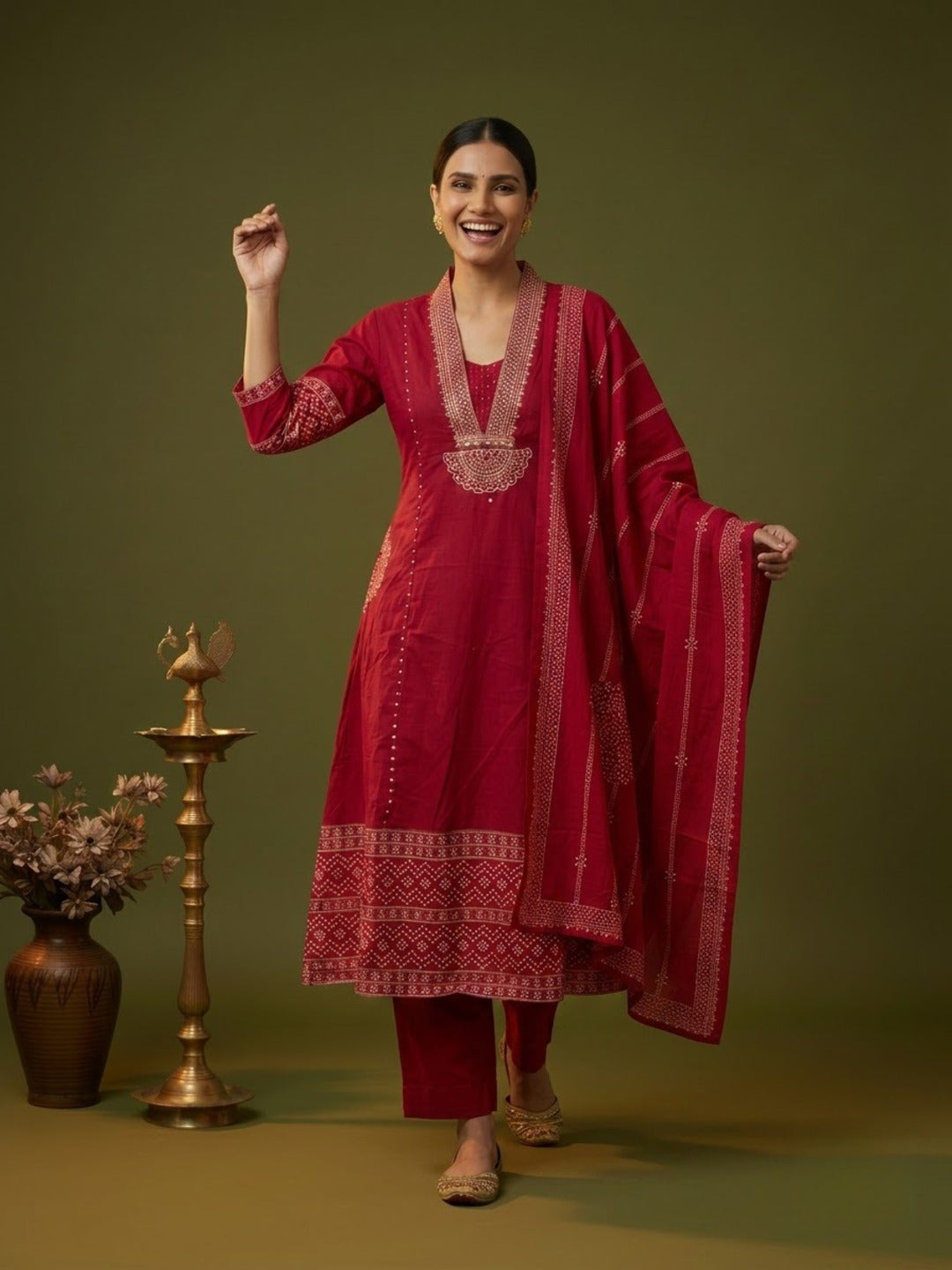 Red Ethnic Print Cotton A-Line Kurta Set with V-Neck, Solid Palazzo & Printed Dupatta