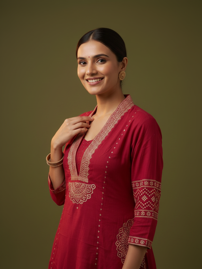 Red Ethnic Print Cotton A-Line Kurta Set with V-Neck, Solid Palazzo & Printed Dupatta