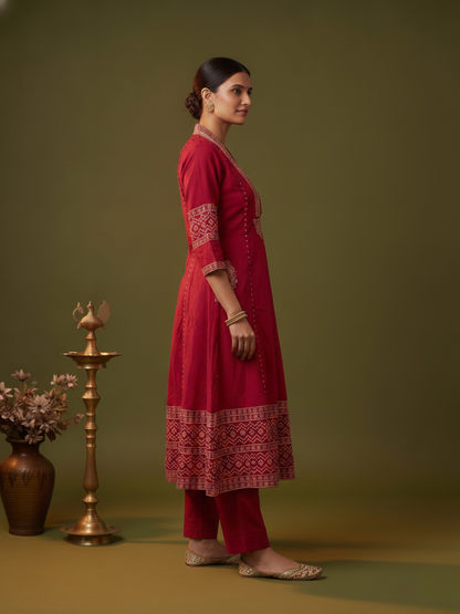 Red Ethnic Print Cotton A-Line Kurta Set with V-Neck, Solid Palazzo & Printed Dupatta