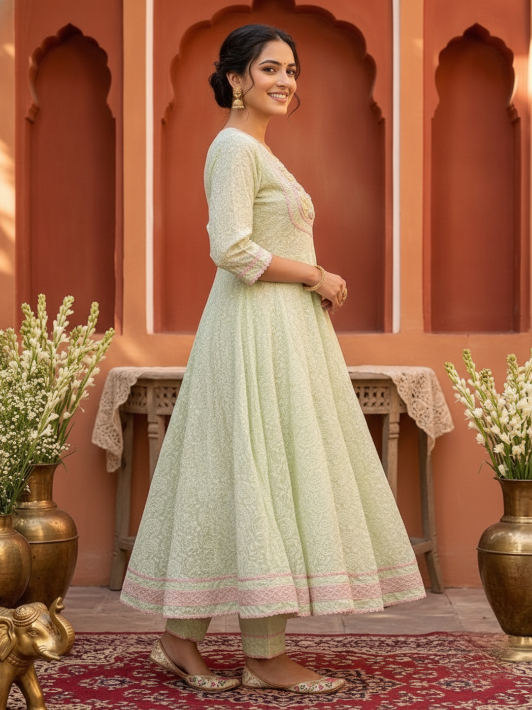 Pista Green Solid Cotton Chikankari Anarkali Kurta Set with Hand-Embroidered Yoke, Pant & Hand-Painted Chiffon Dupatta
