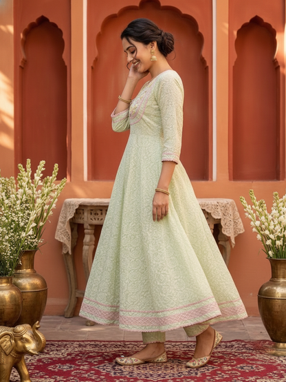 Pista Green Solid Cotton Chikankari Anarkali Kurta Set with Hand-Embroidered Yoke, Pant & Hand-Painted Chiffon Dupatta