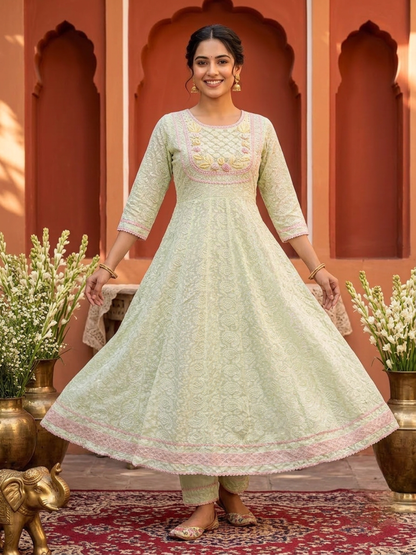 Pista Green Solid Cotton Chikankari Anarkali Kurta Set with Hand-Embroidered Yoke, Pant & Hand-Painted Chiffon Dupatta