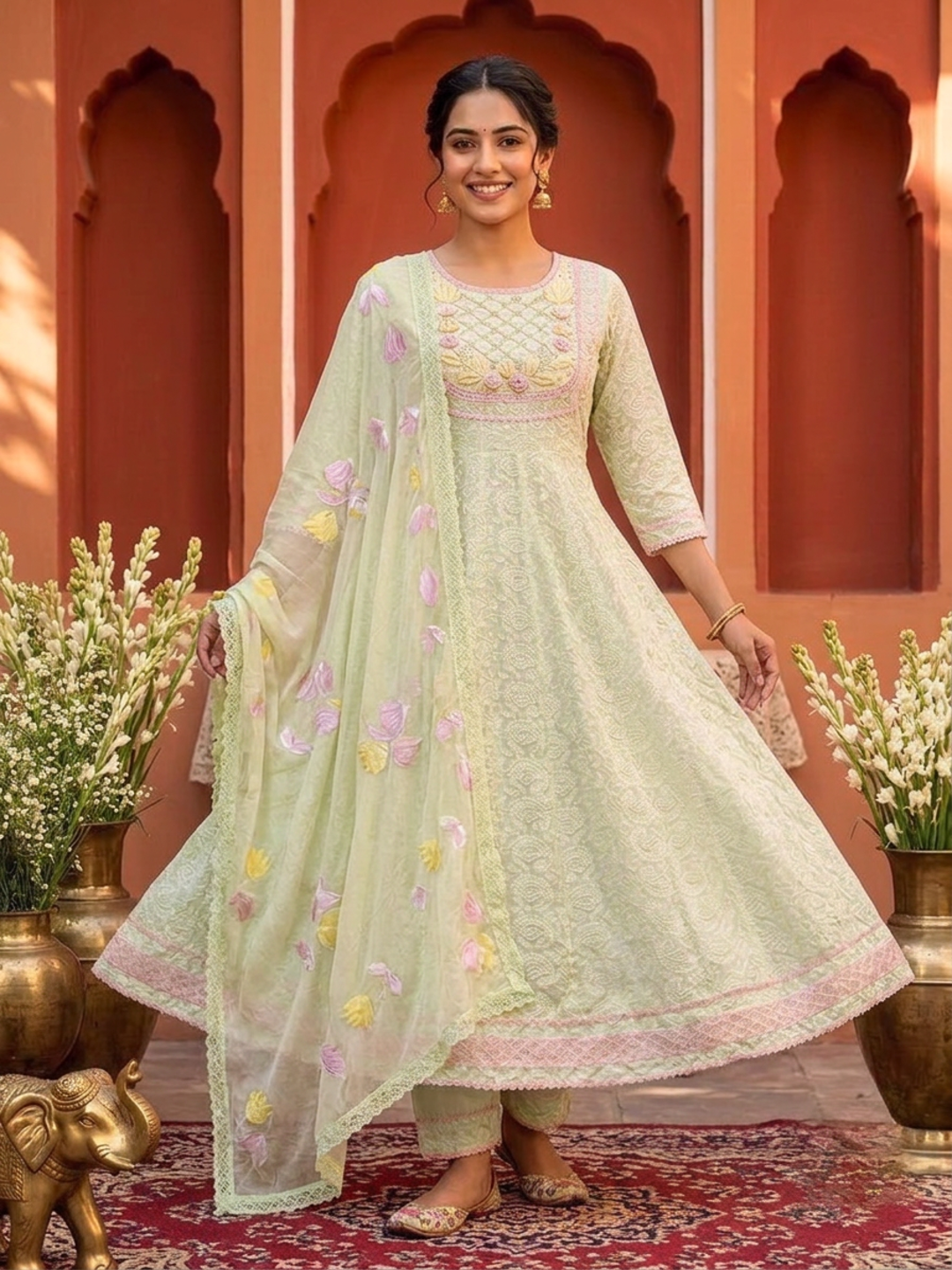 Pista Green Solid Cotton Chikankari Anarkali Kurta Set with Hand-Embroidered Yoke, Pant & Hand-Painted Chiffon Dupatta