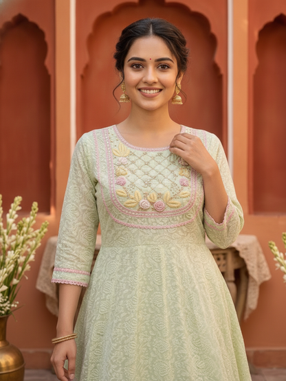 Pista Green Solid Cotton Chikankari Anarkali Kurta Set with Hand-Embroidered Yoke, Pant & Hand-Painted Chiffon Dupatta