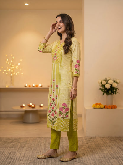 Green Ethnic Floral Print Cotton Straight Kurta Set with Cutdana Embroidery, Pant & Printed Dupatta