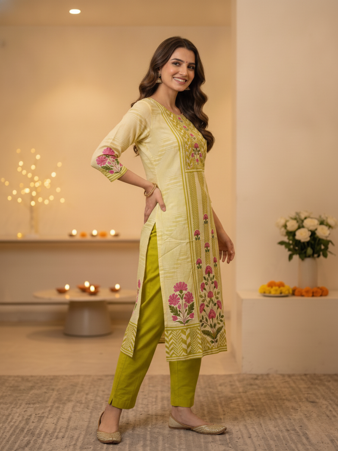 Green Ethnic Floral Print Cotton Straight Kurta Set with Cutdana Embroidery, Pant & Printed Dupatta