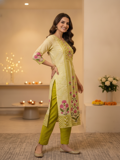 Green Ethnic Floral Print Cotton Straight Kurta Set with Cutdana Embroidery, Pant & Printed Dupatta