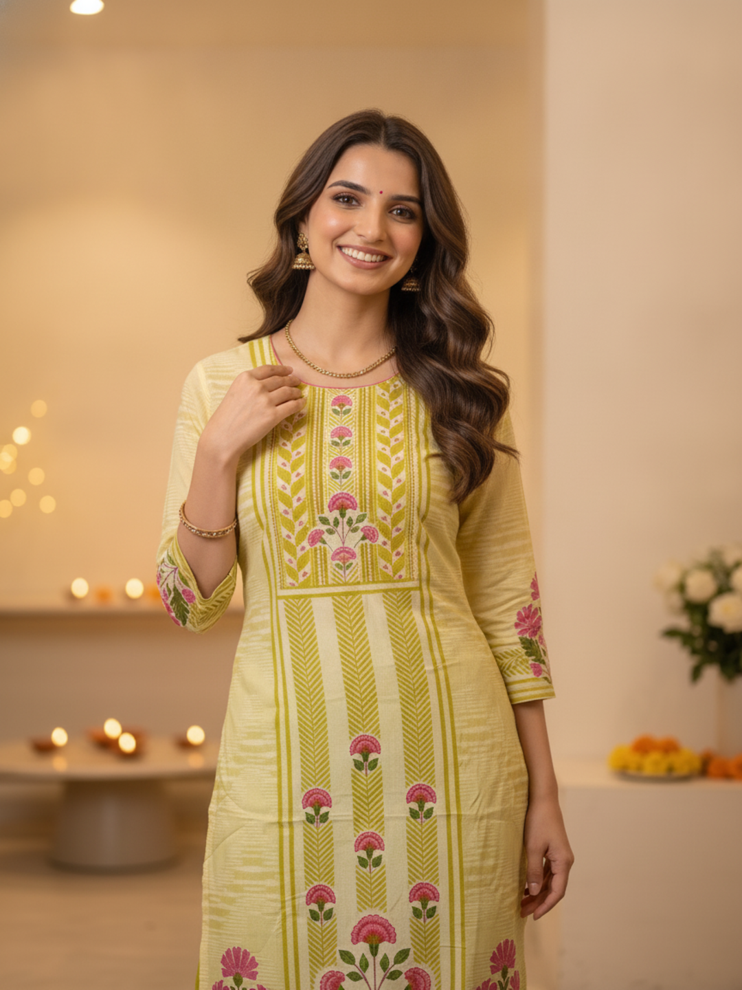Green Ethnic Floral Print Cotton Straight Kurta Set with Cutdana Embroidery, Pant & Printed Dupatta