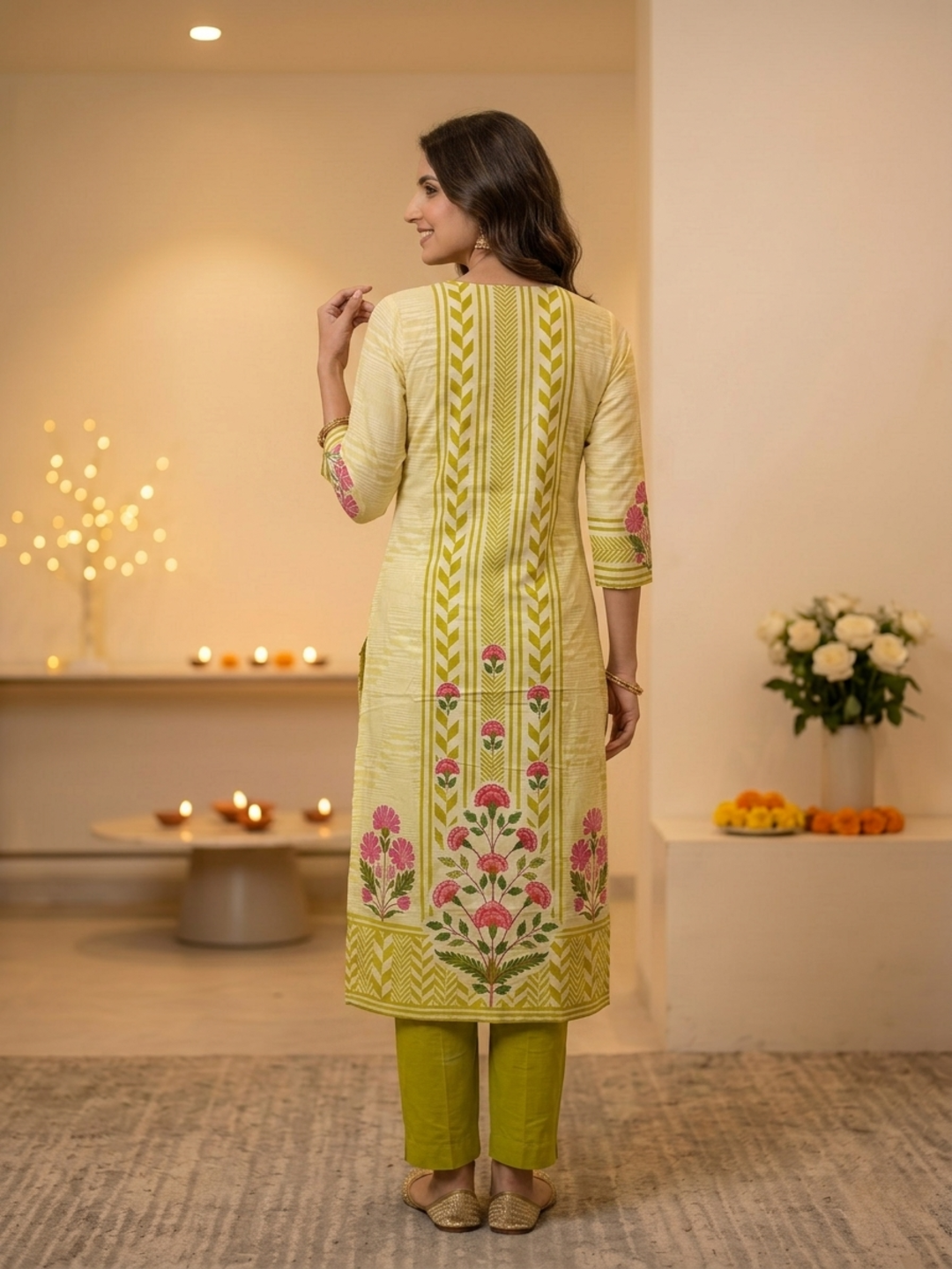 Green Ethnic Floral Print Cotton Straight Kurta Set with Cutdana Embroidery, Pant & Printed Dupatta