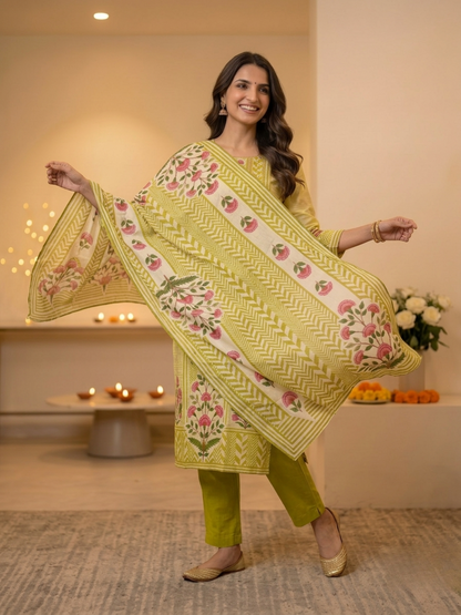 Green Ethnic Floral Print Cotton Straight Kurta Set with Cutdana Embroidery, Pant & Printed Dupatta