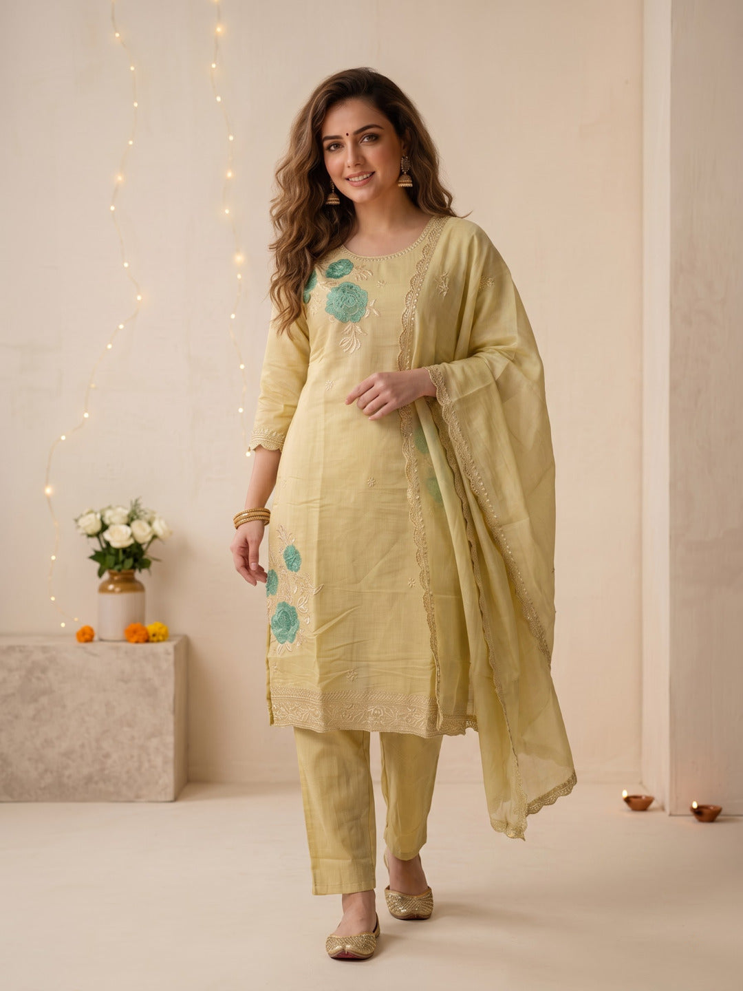 Pista Green Solid Chanderi Silk Straight Kurta Set with Floral Zari Embroidery, Pant & Embroidered Chanderi Dupatta