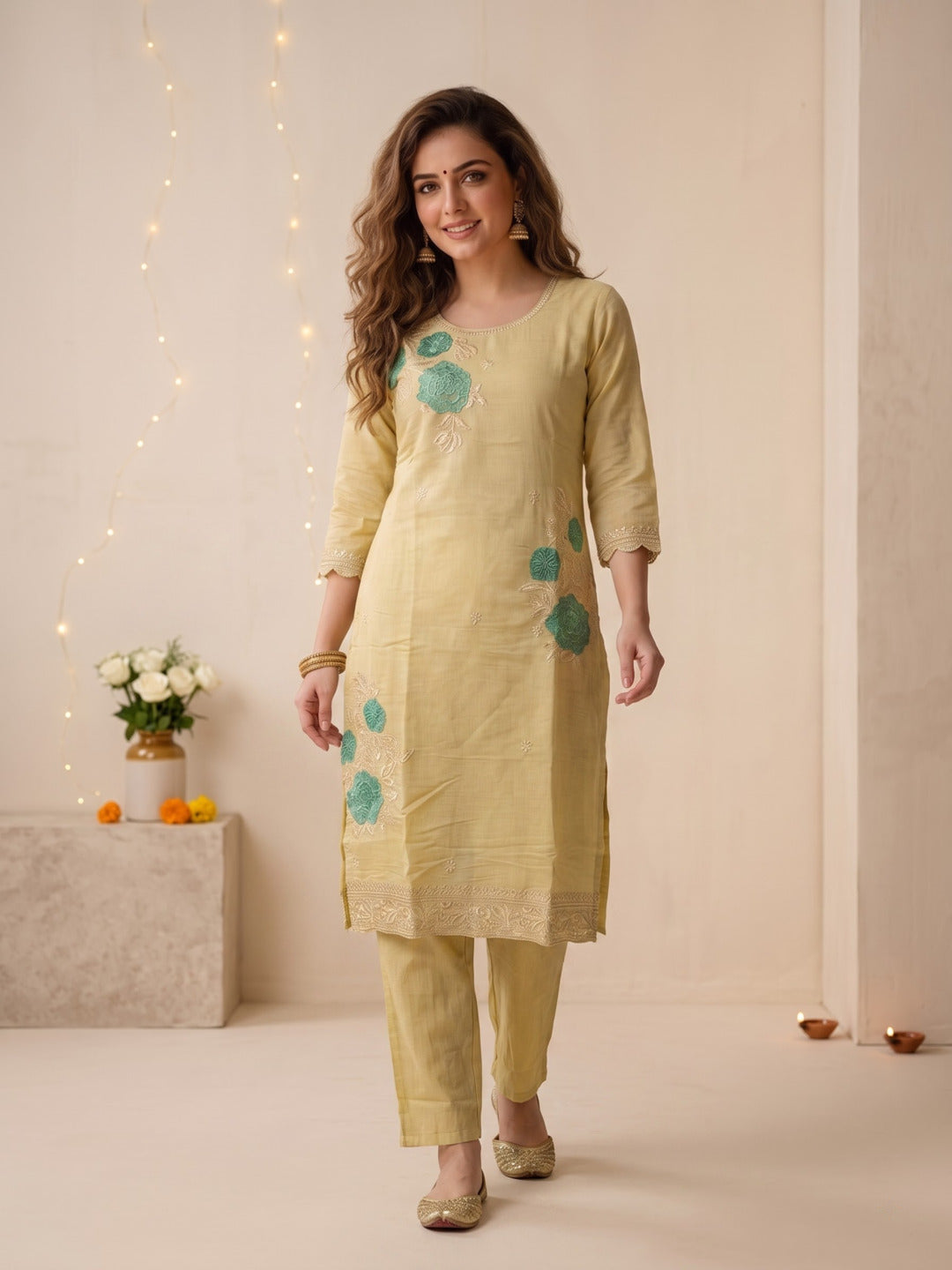 Pista Green Solid Chanderi Silk Straight Kurta Set with Floral Zari Embroidery, Pant & Embroidered Chanderi Dupatta