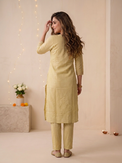 Pista Green Solid Chanderi Silk Straight Kurta Set with Floral Zari Embroidery, Pant & Embroidered Chanderi Dupatta