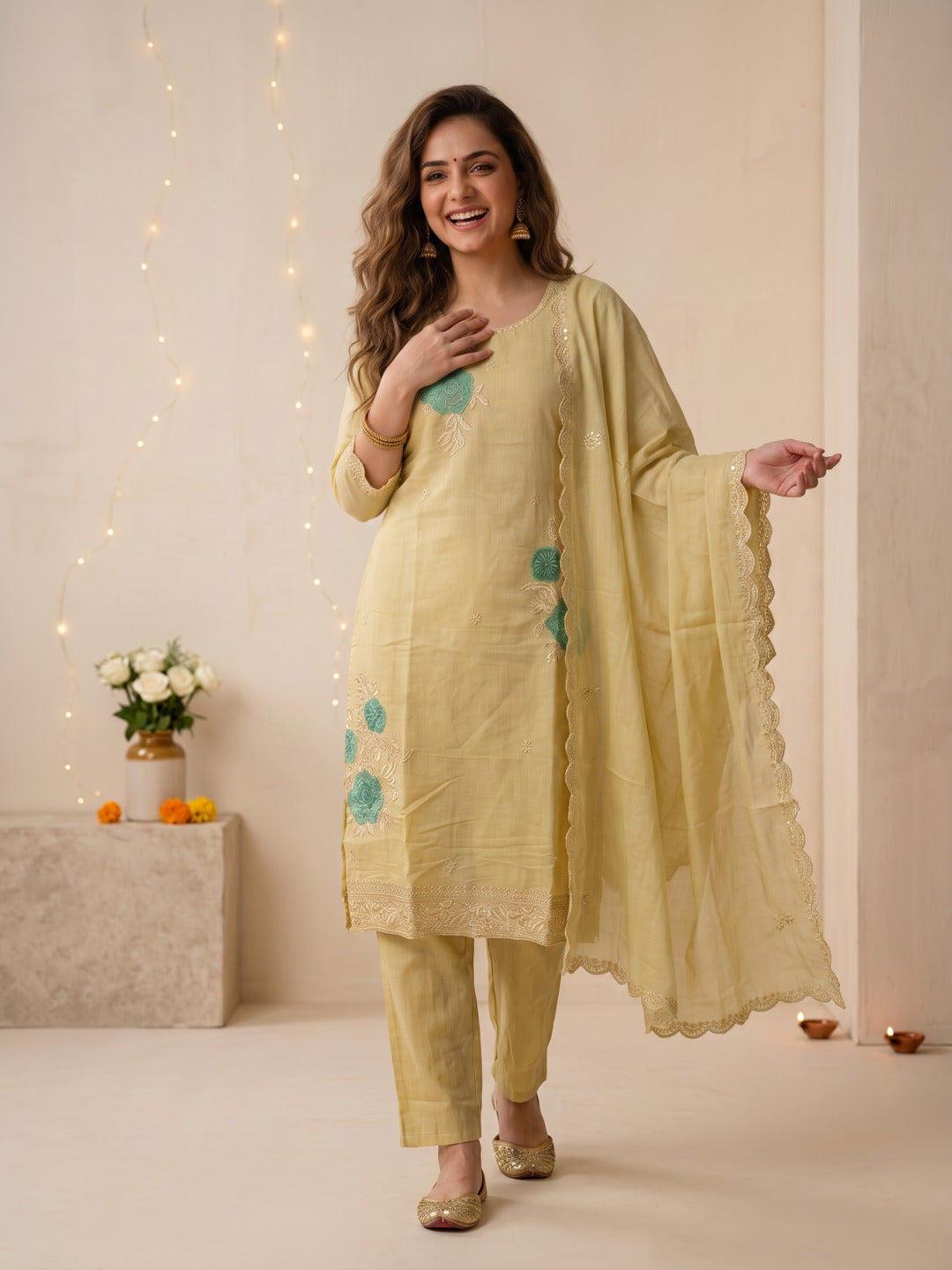 Pista Green Solid Chanderi Silk Straight Kurta Set with Floral Zari Embroidery, Pant & Embroidered Chanderi Dupatta