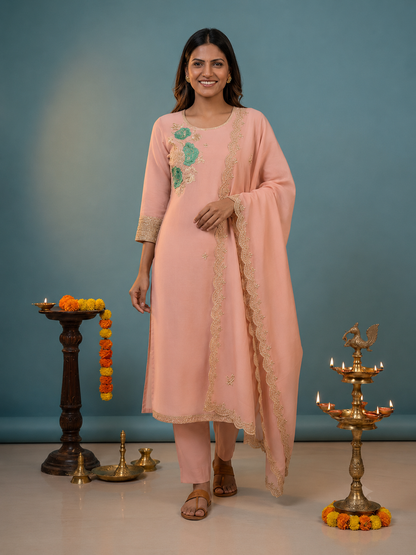 Pink Solid Chanderi Silk Straight Kurta Set with Floral Zari & Sequin Embroidery, Pant & Embroidered Chanderi Dupatta