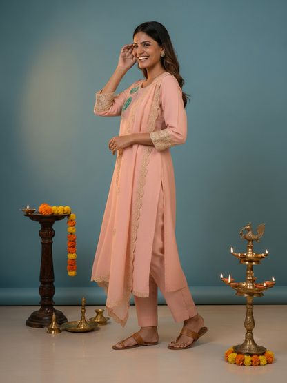 Pink Solid Chanderi Silk Straight Kurta Set with Floral Zari & Sequin Embroidery, Pant & Embroidered Chanderi Dupatta