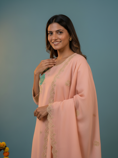 Pink Solid Chanderi Silk Straight Kurta Set with Floral Zari & Sequin Embroidery, Pant & Embroidered Chanderi Dupatta