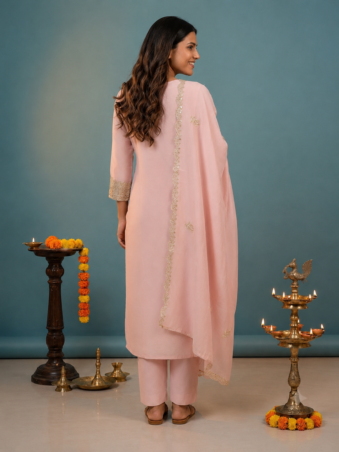 Pink Solid Chanderi Silk Straight Kurta Set with Floral Zari & Sequin Embroidery, Pant & Embroidered Chanderi Dupatta