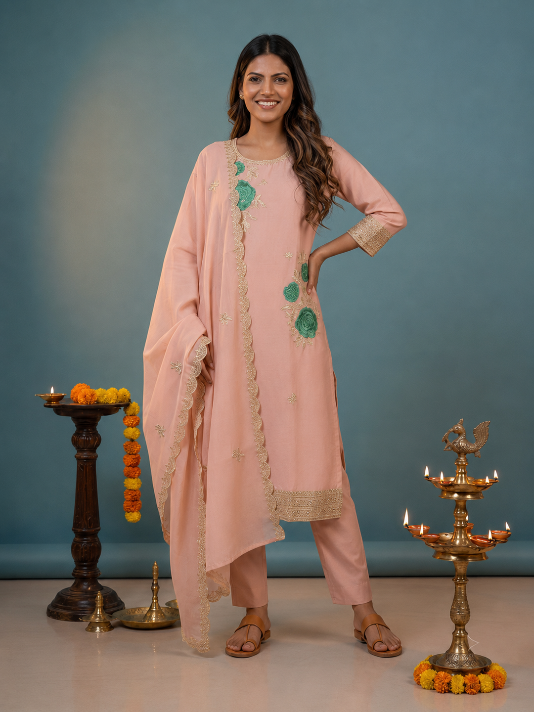Pink Solid Chanderi Silk Straight Kurta Set with Floral Zari & Sequin Embroidery, Pant & Embroidered Chanderi Dupatta