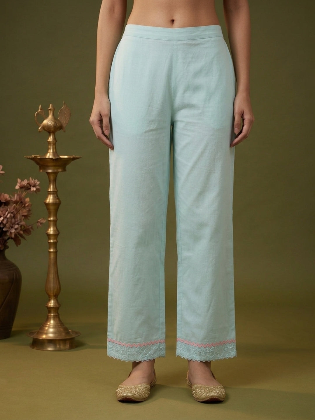 Sky Blue Chikankari Cotton Anarkali Kurta Set with Embroidered Yoke, Pant & Hand-Painted Chiffon Dupatta