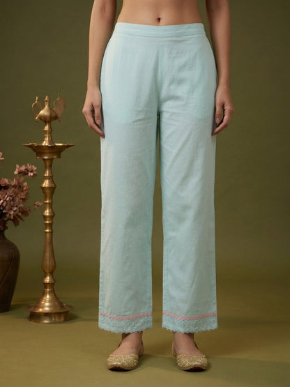 Sky Blue Chikankari Cotton Anarkali Kurta Set with Embroidered Yoke, Pant & Hand-Painted Chiffon Dupatta