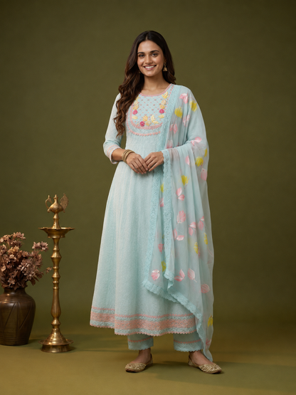 Sky Blue Chikankari Cotton Anarkali Kurta Set with Embroidered Yoke, Pant & Hand-Painted Chiffon Dupatta