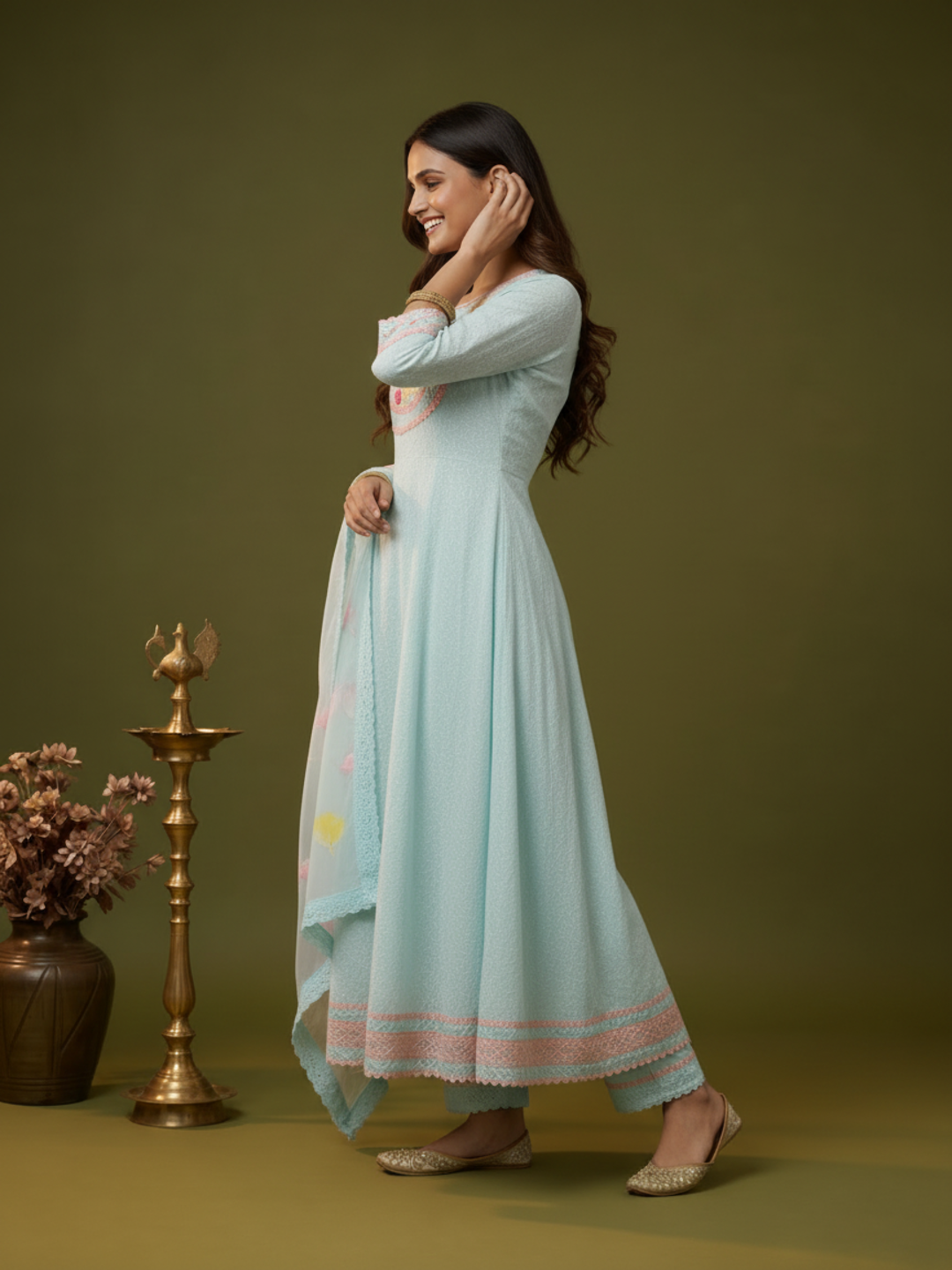 Sky Blue Chikankari Cotton Anarkali Kurta Set with Embroidered Yoke, Pant & Hand-Painted Chiffon Dupatta