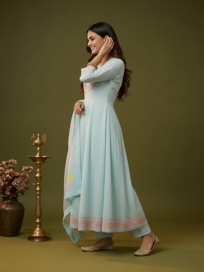 Sky Blue Chikankari Cotton Anarkali Kurta Set with Embroidered Yoke, Pant & Hand-Painted Chiffon Dupatta
