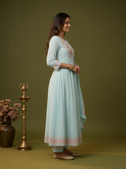 Sky Blue Chikankari Cotton Anarkali Kurta Set with Embroidered Yoke, Pant & Hand-Painted Chiffon Dupatta