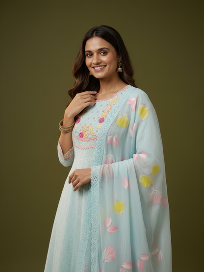 Sky Blue Chikankari Cotton Anarkali Kurta Set with Embroidered Yoke, Pant & Hand-Painted Chiffon Dupatta