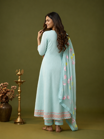 Sky Blue Chikankari Cotton Anarkali Kurta Set with Embroidered Yoke, Pant & Hand-Painted Chiffon Dupatta
