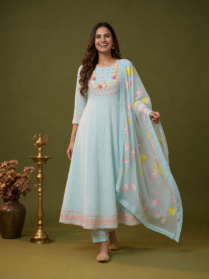 Sky Blue Chikankari Cotton Anarkali Kurta Set with Embroidered Yoke, Pant & Hand-Painted Chiffon Dupatta