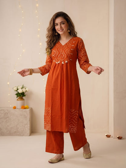 Rust Bandhani Print Cotton A-Line Kurta Set with Embroidery, Palazzo & Printed Dupatta