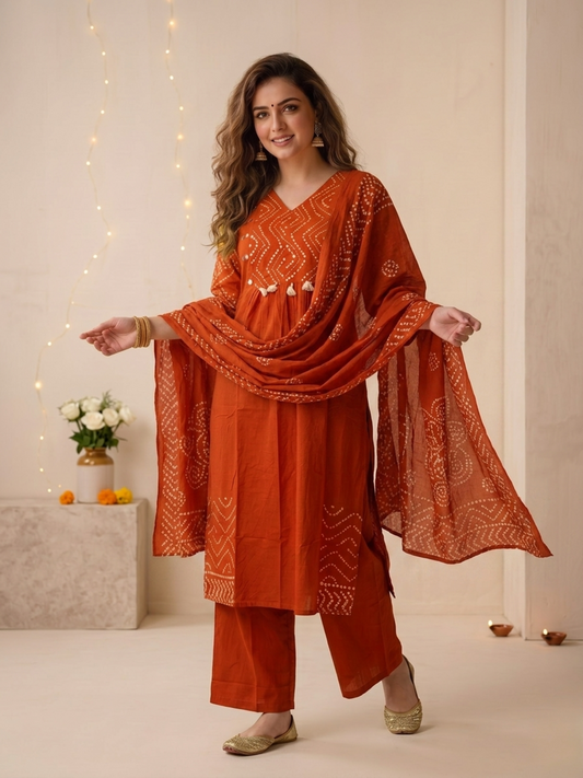 Rust Bandhani Print Cotton A-Line Kurta Set with Embroidery, Palazzo & Printed Dupatta