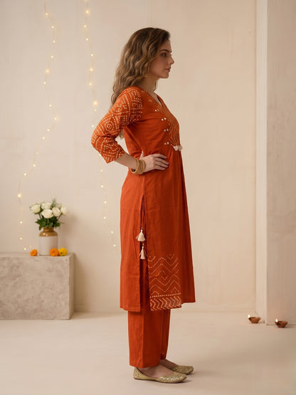 Rust Bandhani Print Cotton A-Line Kurta Set with Embroidery, Palazzo & Printed Dupatta
