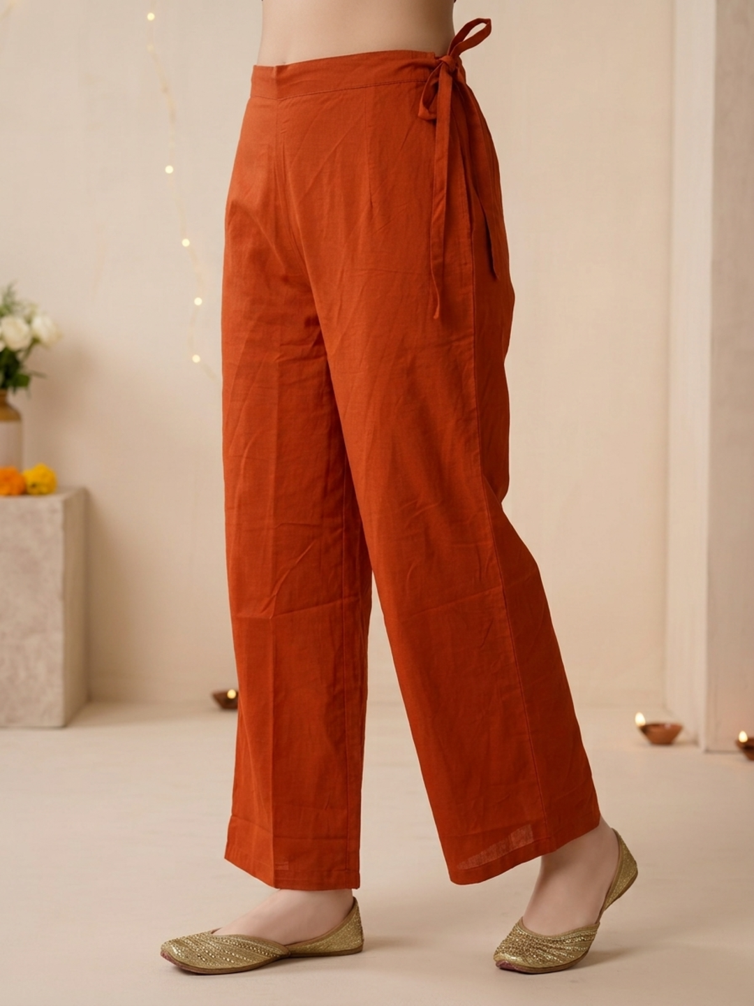 Rust Bandhani Print Cotton A-Line Kurta Set with Embroidery, Palazzo & Printed Dupatta